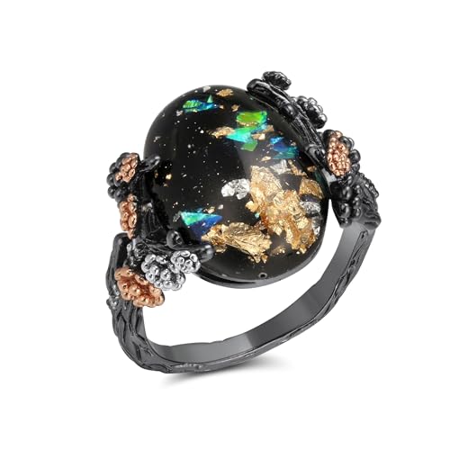Henrietta Simulated Fire Opal Ring for Women by Ginger Lyne | Elven Gothic Black Plated for Engagement Promise or Statement -Tree Branch Flower Design Setting