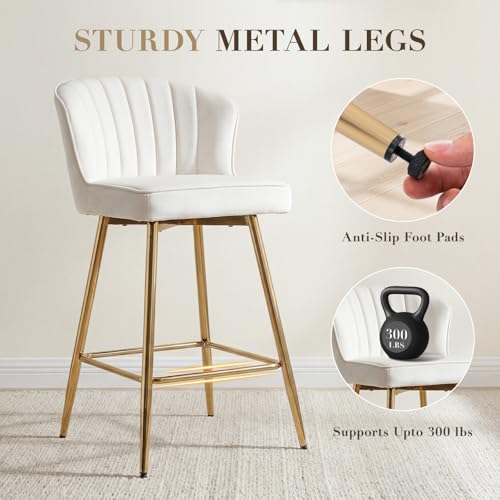 Image of EALSON Counter Height Bar Stools Set of 4 Modern Bar Chairs with Back Velvet Upholstered Barstools with Gold Footrest Comfortable Island Chairs for Kitchen Counter /Home Bar /Dining Room, Beige