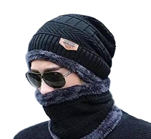 Unisex Woollen with Faux Fur Inner Side Beanie Cap and Neck Muffler Winter Combo Set (Black, Free Size)-Pack of AAD-P002-image-10
