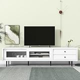 LUSPAZ TV Stand, 71 Inch Media Console with Sliding Fluted Glass Doors, Slanted Drawers for TVs Up to 75 Inch, Modern Elegant TV Cabinet with Ample Storage Space for Living Room, White