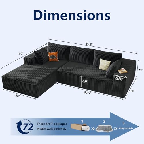 Image of 96 inch Modular Sectional Sofa, Modern Corduroy Cloud Couch with Deep Seat, Boneless Couch Upholstered 3-Seater L-Shaped Sofa for Living Room, No Assembly Required (Black, Left-Facing Chaise)