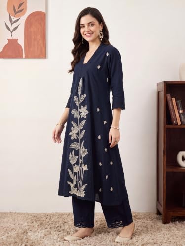 Image of INDO ERA Women's Cotton Blend Embroidered Thread Work A-Line Kurta & Palazzo Set | Kurti