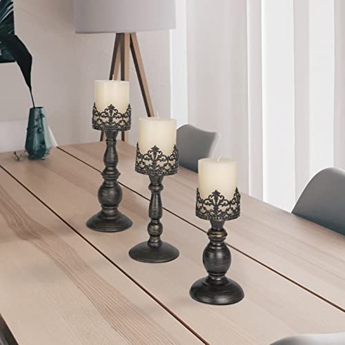 Distressed Black Candle Holders For Pillar Candles Set Of 3, Vintage Crown Candle Stands For Table Centerpiece Decor, Tall Antique Metal Candle Holder Set For Fireplace Decoration, Ideal Gift #TOP5