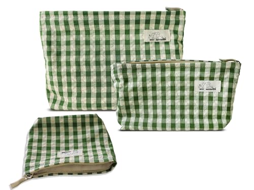 HAPPYHEIDI Nylon Checker Makeup Bag Set 3 with Compartment Cosmetic Toiletry Travel Pouch Purse Accessory Organizer 3-Size Beige Green Plaid Canvas Lined