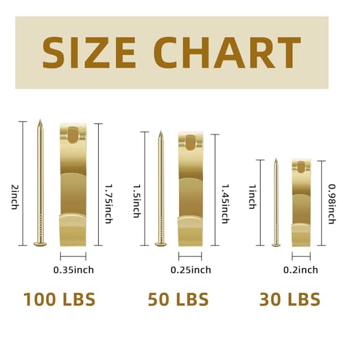 Image of 50 LBS Gold Picture Hangers, Metal Picture Hooks with Nails, Heavy Duty Hardware Hanger Kit for Hanging Pictures, Frame, Mirror, 20 PCS