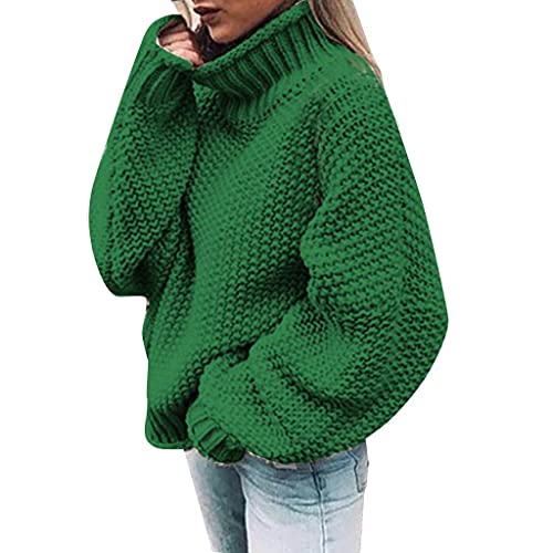 Damen-Rollkragenpullover, grob, gestrickt, leger, einfarbig, langärmelig, locker, weich, gemütlich, Strickware, Tops für den Winter, Aa Grün, S Cover
