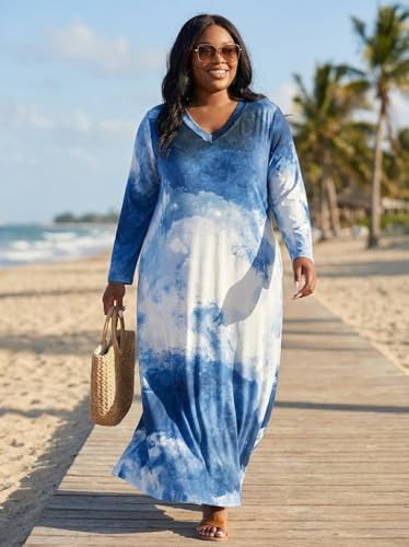 Image of Plus Size Maxi Dress for Women Short Sleeve V Neck Casual Loose Sundress with Pockets