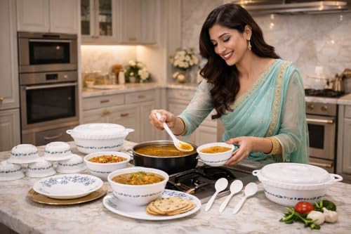 Image of Dinner Set of 32 psc Exclusive Plastic Printed Round Dinner Set. 6 Big PLATS, 6 Small PLATS, 12 Small Bowl,3 Big Spoon, 2 Big Bowl with 2 LID 1 Big Plate .(Pink Color) (36)