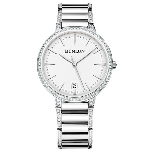BINLUN Ultra Thin Mens Automatic Watches Waterproof Stainless Steel Calendar Date Mechanical Watch with Diamond Accented Bezel Valentine Gifts