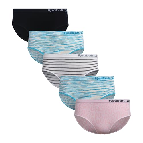 Reebok Girls Underwear Hipster Panties - 5 Pack Soft Seamless Stretch Performance Briefs Underwear for Girls Size 8-10 Pink Jacquard/Scuba Blue Spacedye/White Stripe/Black