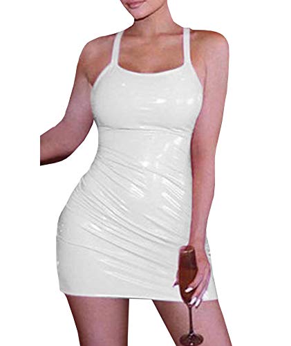 SEMATOMALA Damen Metallic Lackleder Wetlook Trägerlos Sexy PVC Bodycon Mini Bleistiftkleid Party Club Outfits Clubwear, C-weiß, X-Groß