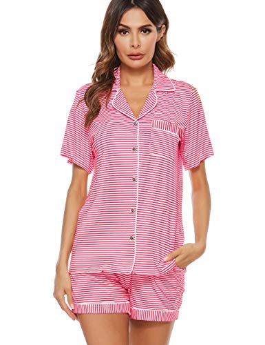 N NORA TWIPS Womens Pajamas Set Short Sleeve Button Down Nightwear Soft PJS (Pink Stripe,L)