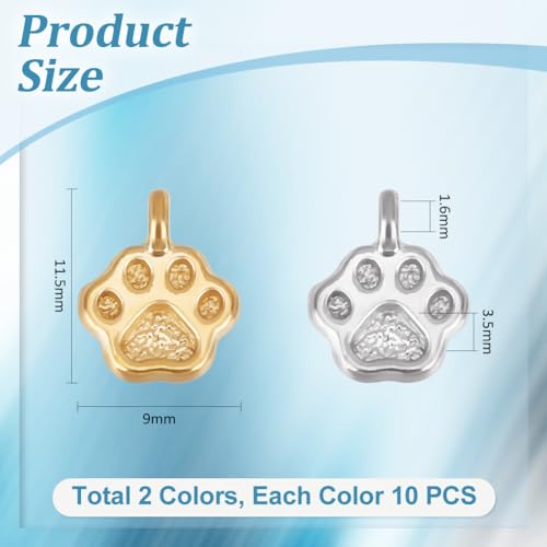 UNICRAFTALE 20Pcs 2 Colors 304 Stainless Steel Charms Animal Cat Dog Paw Chunk Charms Paw Print Charm Golden Animal Footprint Jewelry Finding Pendant for Jewelry Making - Image 2
