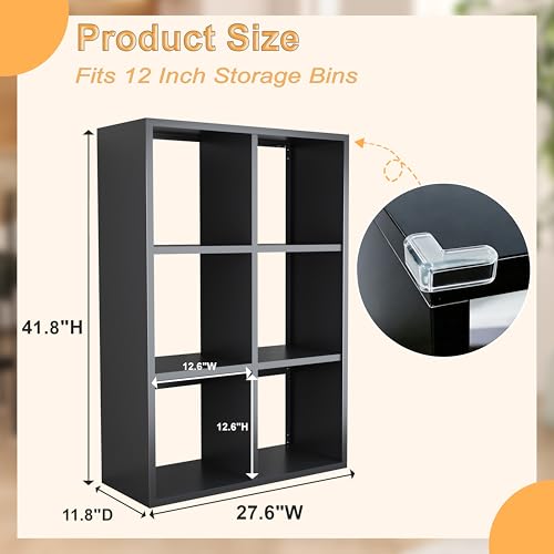 Image of VASAAOSD 6 Cube Storage Organizer - Metal Bookshelf, Black Cube Shelf, Deep Cube Shelving with Corner Protector, Toy Display Bookcase for Living Room, Bedroom, Office, Entryway