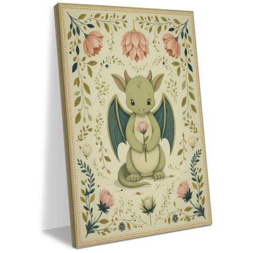 Image of Cute Dragon Nursery Decor Vintage Art Wall Decor Canvas Wall Art Framed Prints Artwork Painting for Whimsical Nursery Rustic Cottage Flowers Decorations Paintings Pictures11.5X14.5Inch