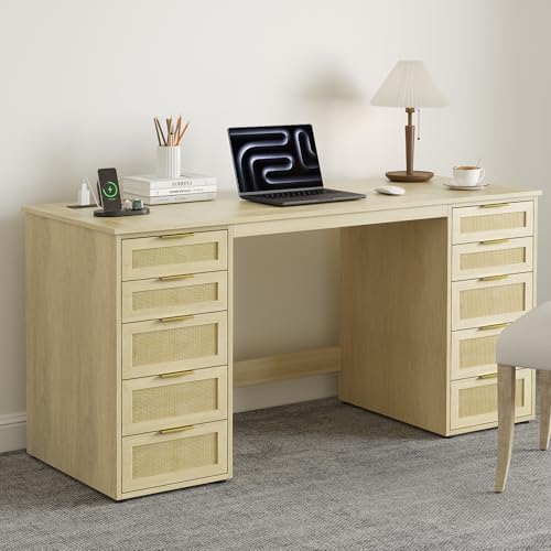 WOPITUES 60 Boho Home Office Desk with 10 Wooden Drawers. Rattan Computer Writing Desk with Powe...