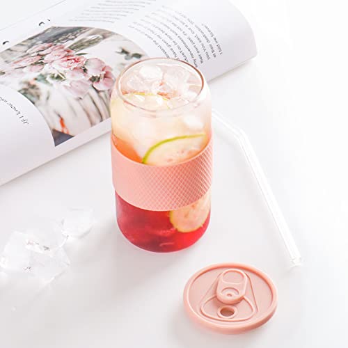 Bewave Drinking Glass, 16Oz Can Shaped Glasses Jar, Iced Coffee Cup, Beer Tumbler, For Cocktail, Soda, Tea, Juice, Gift, With Straw, Silicone Lid, Sleeve, 1 Pc, Pink #TOP1