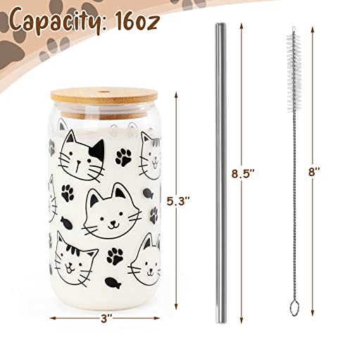 Nefelibata Cat Iced Coffee Cup Beer Can Glass Cups 16 Oz Tumbler Glass With Lid And Straw And Cleaning Brush Jar Cup For Soda Milk Tea Cat Face Design For Cat Lover Cat Mom Birthday Gifts #TOP2