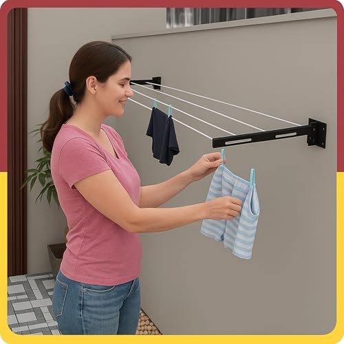 Image of JIALTO Wall-Mounted Foldable Clothes Drying Rack- Heavy Duty Space Saving Laundry Drying Stand for Balcony, Indoor & Outdoor Utility Room- Black Wall Dryer for Clothes & Towels