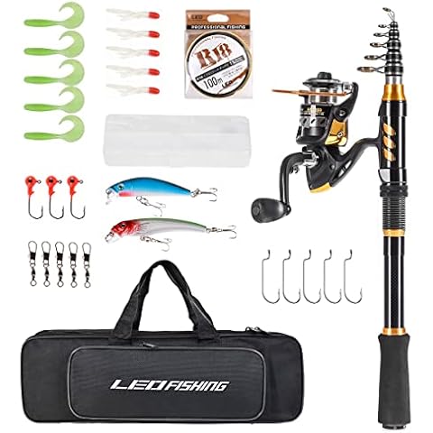 LEOFISHING Portable Gold Telescopic Fishing Rod and Reel Combos Set Carbon Fiber Fishing Pole with Full Kits Carrier Bag for Travel Saltwater Freshwater (Rod and Reel Combos, 2.1m/6.89ft) Cover