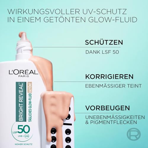 L'Oréal Tägliches Getöntes UV Glow-Fluid LSF 50, Niacinamid + Glow-Pigmente, Farbe: Hell, Bright Reveal, 1 x 50 ml