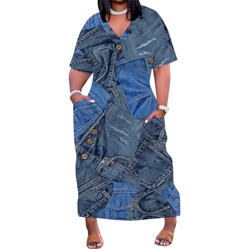 Image of SUZONANA Plus Size Denim Print Shirt Maxi Dresses for Curvy Women Casual Blue Jean Summer Outfits Long Short Sleeve Dress with Pockets Patchwork 4XL