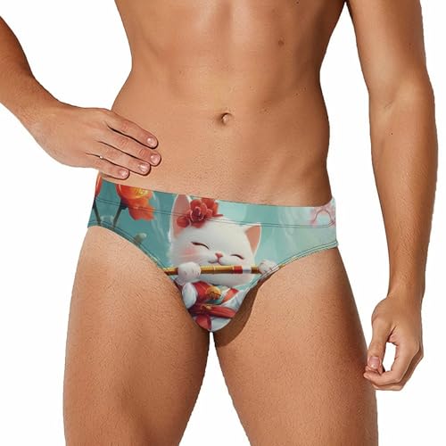 Funny Cat Playing Flute Musician Mens Swim Briefs Quick Dry Swim Trunk Bikini Underwear Swimsuit