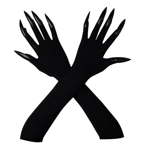 Heliltd 1pair Black Long Gloves With Claws for Claws Cosplay Cat Claw Women Long Nail Gloves For Halloween Party Costume