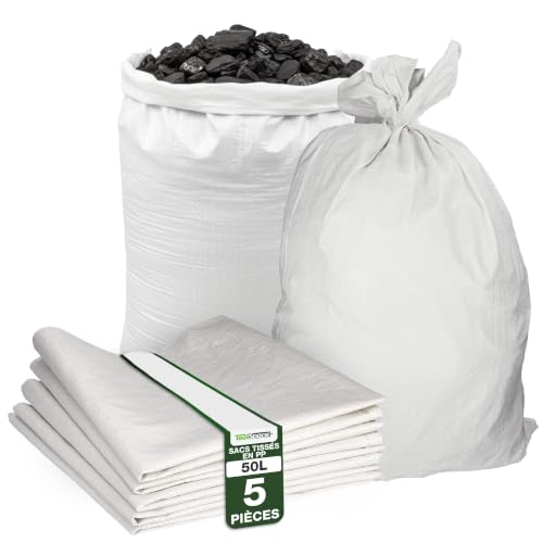 ToolSpace Sac à Gravats PP Tissé, 65×105cm en Polypropylène 5x Sac Chantier | pour Gravier Sable Feuilles Déchets de Construction Jardin - Réutilisable - Résistant 50 kg Sacs a Gravats Toile Tissée