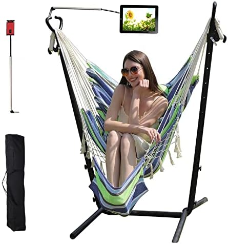 Hammock Chair with Stand Phone Holder Included Double Hanging Chair Macrame Boho Handmade Adjustable Swing Indoor Outdoor Patio Yard Garden Porch 400lbs Capacity 2022（Throw in a Footpad）