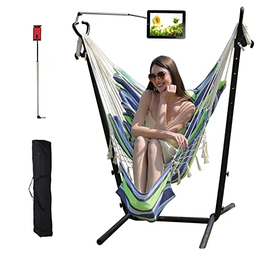 Hammock Chair With Stand Phone Holder Included Double Hanging Chair Macrame Boho Handmade Adjustable Swing Indoor Outdoor Patio Yard Garden Porch 400Lbs Capacity 2022（Throw In A Footpad） #TOP13