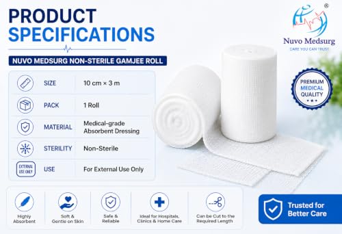 Image of Non-Sterile Gamjee Roll for Dressing & Wound Care, 10cm x 3mtr (Pack of 5) - Absorbent Surgical Cotton Pad, Medical Grade Material for First Aid, Hospital & Clinical Use