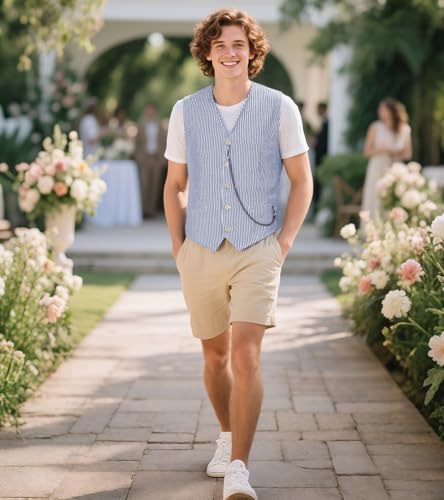 MllesReve Men Striped Vest Seersucker Slim Fit Formal Casual Waistcoat Business Vests4