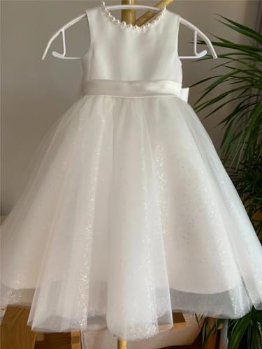 Glitter Tulle Flower Girl Dress V-Back Girls Party Dress with Pearls Princess Full-Length Bow-Knot Pageant Dress2