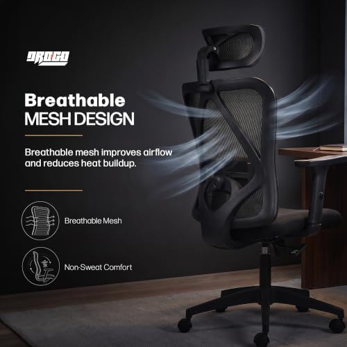 Image of DROGO Ergonaut Ergonomic Office Chair for Work from Home | Computer Chair with 2D Headrest, Armrests & Adjustable Lumbar Support | Breathable Mesh with 120 Recline, 1-Year Warranty (Black)