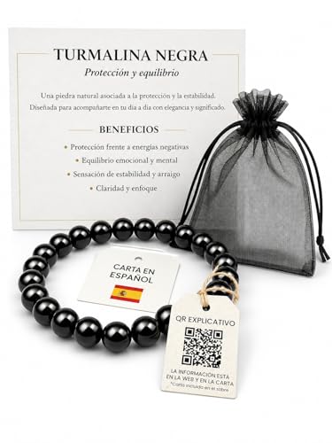 raian Pulsera Turmalina Negra Mujer y Hombre 8 mm, Pulsera de Turmalina Negra Natural, Pulsera Negra Elástica Unisex, Diseño Elegante, Idea de Regalo con Tarjeta y QR