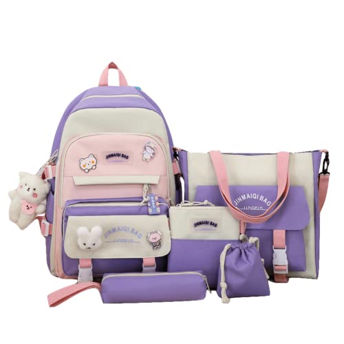 Feigujin Conjunto de 5 peças de mochilas fofas Kawaii com pingente de urso, patchwork, estética japonesa, anime, coelhinho, kit de mochila, Roxa, japonesa