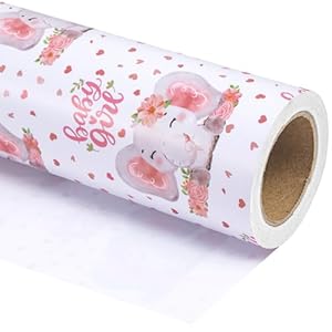 WRAPAHOLIC Jumbo Baby Girl Wrapping Paper – 30 Inch x 100 Feet Jumbo Roll – Adorable Pink Elephant Design for Baby Shower, Party, Holiday