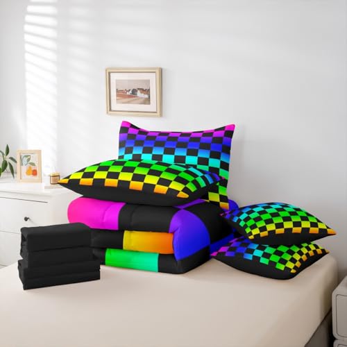 Image of Multicolored Checkered Retro Comforter Set With Sheets 7 Piece Queen Size Geometric Vintage Bed in a Bag Kids Boys Girls Colorful Bedding Set Modern Groovy Aesthetic Bedroom Decor Breathable Soft