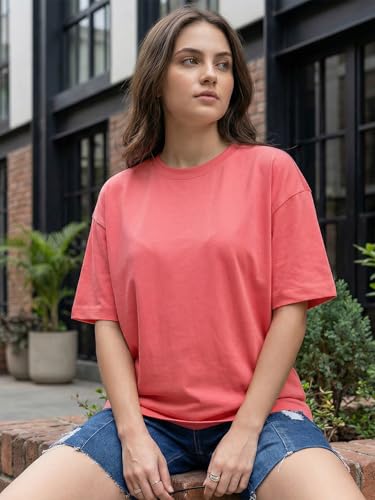 Image of Bewakoof Women's Solid Oversized Fit Half Sleeve Round Neck Cotton Jersey T-Shirt
