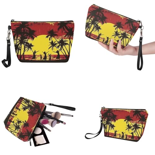 Image of Palm Tree Shoulder Tote for Women, Sunset Large Purse Set with Matching Make Up Bag, Satchel Hobo Bag for Travel, Working