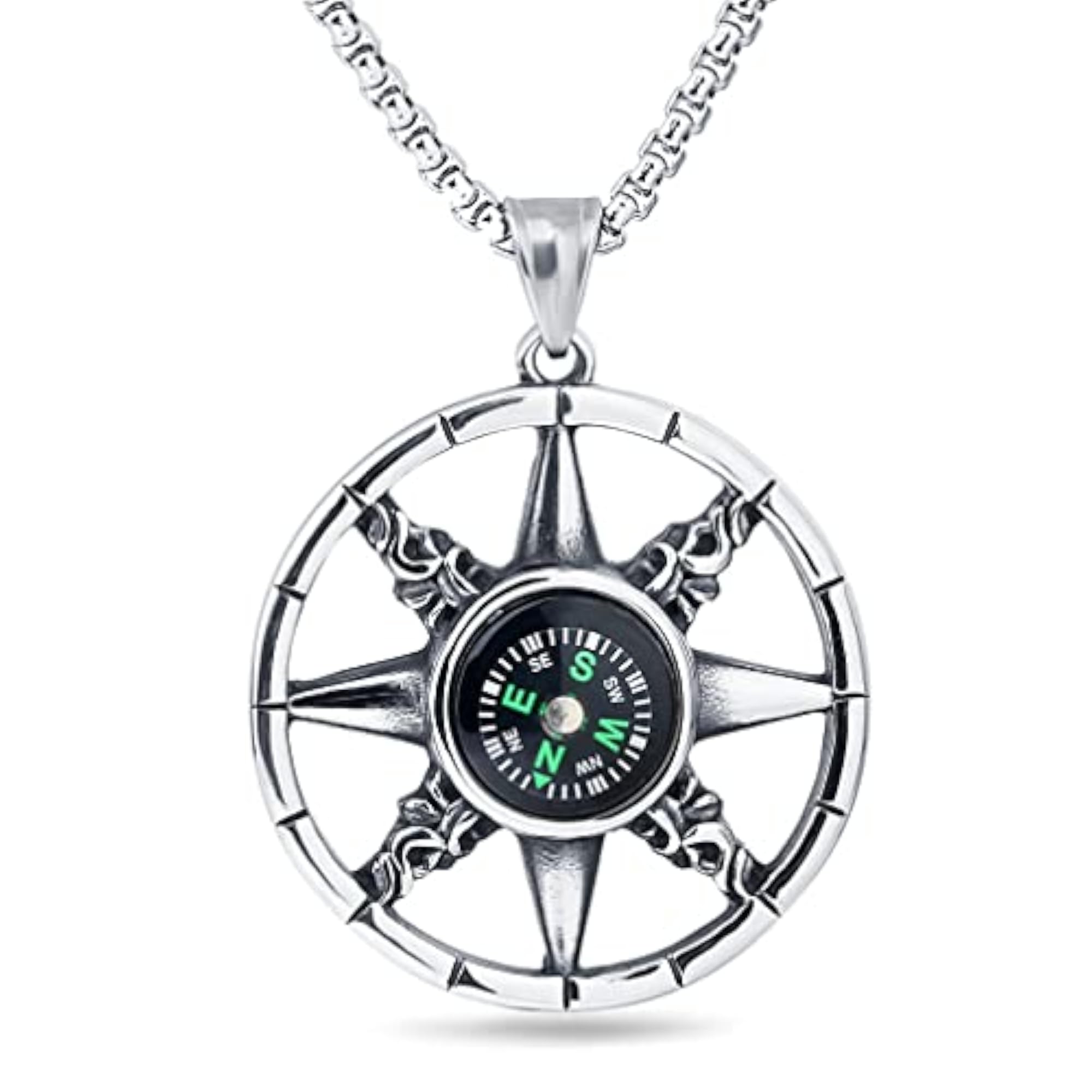 Stainless Steel Rotatable Compass Wheel Pendant Necklace
