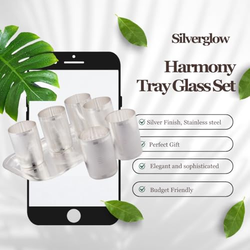 Image of Silverglow Harmony Tray Glass Set | Silver Plated Glass Set of 6 with Tray | Juice, Water, Beverages Serving Set | Tableware Set | Perfect Diwali, Office, Wedding Return Gift Item