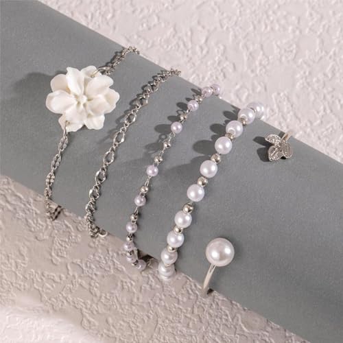 5Pcs Boho White Flower Beaded Pearl Bracelets for Women Trendy, Cute Gold Silver Stackable Floral Petal Pearls Beads Chain Bracelet Holiday Jewelry Gifts4