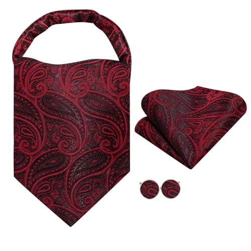 Image of Hi-Tie Silk Ascot for Men Self Tie Men's Cravat and Flower Lapel Pin Handkerchief Cufflinks Set for Wedding Party
