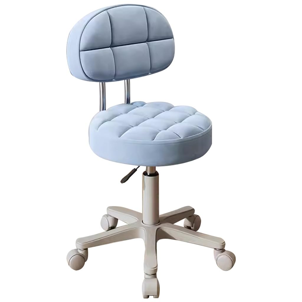 OZBMA Adjustable Barber Chair with Wheels - Swivel Makeup for Bedroom, Living Room & Vanity Stools Comfortable Backrest Desk Use (Blue W/Backrest)