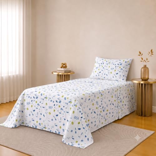 Image of IVAZA 220 TC Soft Ezyption Cotton Floral Single Bed Sheet - Single bedsheet with 1 Pillow Cover Hypoallergenic, Brethable, (Size- 90 x 60 Inch Blue & White