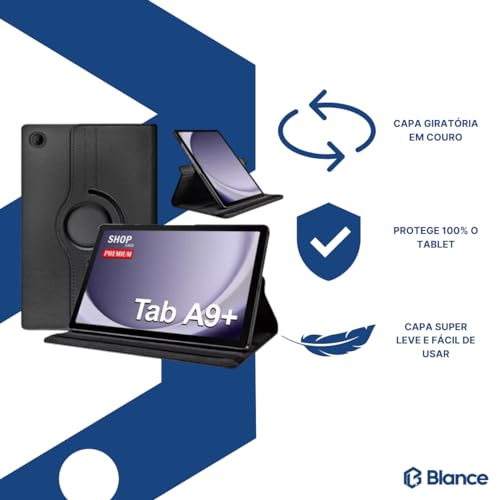 Kit Capa Couro Giratória + Película de Vidro + Caneta Touch Para Galaxy Tab A9 Plus - Blance