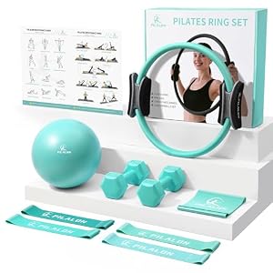 Pilates Ring Set – Studio-Grade Anti-Deformation Pilates Kit – Pilates Equipment for Home Workout – 14” Pilates Ring, Pilates Ball, 2 Dumbbells, 5 Resistance Bands for Toning Arms, Thighs