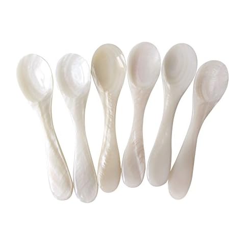 Marycrafts Set of 6 White Mother of Pearl MOP Caviar Spoons W Round Handle Cover